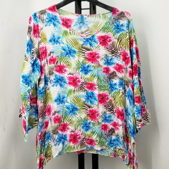 Blue Sky Tropical Floral Summer Blouse, Size 1X - Picture 1 of 4